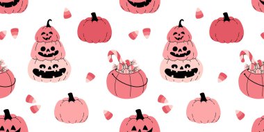 Cadılar Bayramı dekoratif unsurları olan pembe gri ve siyah dikişsiz izler. Hayalet, balkabağı, heykel. Şirin vektör karakterleri, dekoratif nesneler. Tatlılar, balkabağı, cadı, hayalet, yarasa. Desen tasarımı