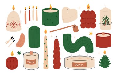 Mumlar. Parafin seti ya da mumlu ateş. Noel için şenlik dekorasyonu, Advent, doğum günü, Cadılar Bayramı, Yeni Yıl, Festival. Basit vektör çizimi. Düz moda soyut biçim.