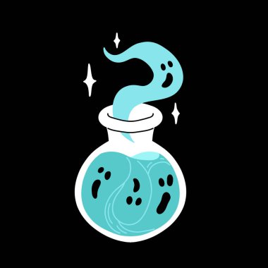 Sihirli iksirli düz çizgi film şişeleri. Sihirli kavanozlarda, şişelerde, iksirlerde simya içeceği. Cadılar Bayramı cadı içkileri, yıldız, aşk, hayalet, balkabağı, zombi iksiri, zehir ve vampir kanı.