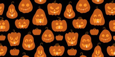 Korkunç Canavar Yüzlü, kusursuz bir model. Jack O Fenerler karanlıkta, mumlar oyulmuş balkabağı içinde. Paketleme ve giysi tasarımı için basit düz çizgi film arkaplanı.