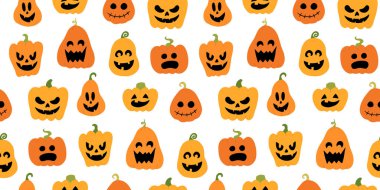 Tatlı balkabağı Jack O Feneri ile Cadılar Bayramı tatili için kusursuz bir model. Kumaş, ambalaj kağıdı, tekstil, duvar kağıdı ve giysi için çocukça bir geçmiş. Vektör İllüstrasyonu