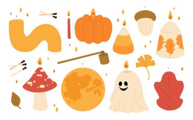 Sıcak sonbahar kokulu mumlar. Çeşitli aromatik mumların koleksiyonu. El çizimi mum ışıkları. Aromaterapi ve rahatlama. Düz vektör illüstrasyonu.