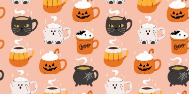 Cadılar Bayramı kupalarının vektör koleksiyonu. Marşmelovlu sıcak kakao, şirin yüzlü kahve ve çay fincanları, hayalet, balkabağı, cadı siyah kedi ve kafatası. Düz çizgi film kusursuz desen.