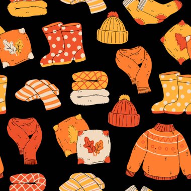 Sade sonbahar süveterleri, eşarplar, çoraplar ve sıcak aksesuarların kusursuz deseni. Sonbahar kıyafetleri, hırka, bere takımı. Vektör eli çizilmiş düz çizgi film koleksiyonu illüstrasyonu
