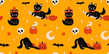 Cadılar Bayramı kedileri. Cadı şapkası, süpürgesi ve kafa kabağı olan siyah kedi yavrusu. Cadı kazanı, hilal ay ve yıldızlar, kafatası vektör seti mutlu kedi cadılar bayramı kostümü kusursuz desen