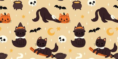 Cadılar Bayramı kedileri. Cadı şapkası, süpürgesi ve kafa kabağı olan siyah kedi yavrusu. Cadı kazanı, hilal ay ve yıldızlar, kafatası vektör seti mutlu kedi cadılar bayramı kostümü kusursuz desen