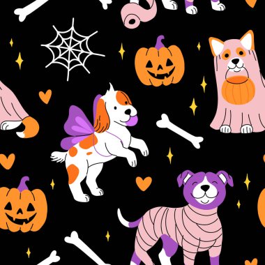 Cadılar Bayramı kostümlü sevimli köpekler, büyük örümcek ağı ve balkabağı. Sevimli köpeklerle düz çizgi film deseni.