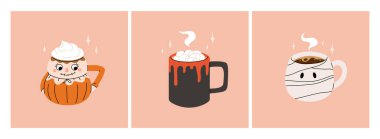 Cadılar Bayramı kupalarının vektör koleksiyonu. Marşmelovlu sıcak kakao, şirin yüzlü kahve ve çay fincanları, hayalet, balkabağı, cadı siyah kedi ve kafatası. Pembe arkaplanda düz çizgi film çizimi