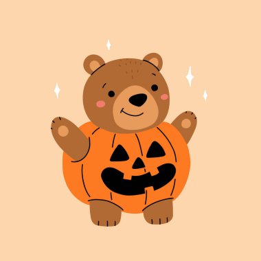 Balkabağı kostümlü el çizimi oyuncak ayı. Tatlı çizgi film karakteri, Jack O Lantern, cadılar bayramı. Çocuklar için düz vektör illüstrasyonu