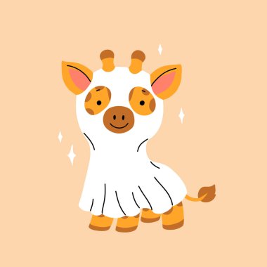 Hayalet örtüsü içinde şirin bir zürafa. Cadılar bayramı çizgi film karakteri. Vektör düz resimleme.