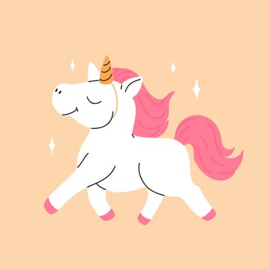 Pembe yeleli şirin bir tek boynuzlu at. Büyü ve büyücülük teması. Çocuk baskıları, posterler, kartlar, çıkartmalar, bulmacalar vesaire için. Vektör illüstrasyonu