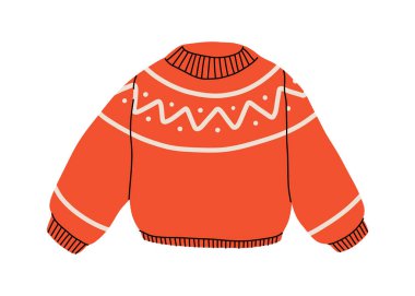 Noel çirkin süveteri ya da dekoratif soyut unsurları olan kazak. Yünlü yün, kalın giysiler kazak. Çizgi film tarzında vektör el çizimi.