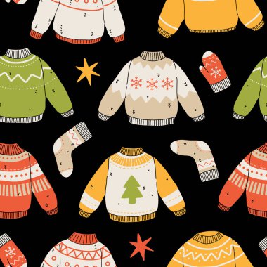 Hoş kışlık kıyafetlerin, kazakların, çorapların, şapkaların, eldivenlerin, atkıların kusursuz desenleri. Norveç süslemeli çirkin kazak koleksiyonu.