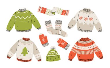 Şirin kış kıyafetleri, çoraplar, şapkalar, eldivenler, atkılar. Norveç süslemeli çirkin kazak koleksiyonu.