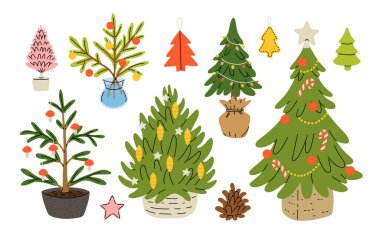 Noel süslemeleri hazır. Kış tatilleri, ıvır zıvır. Xmas süsleri, dekor, çelenk, şenlik ağacı, hediye kutusu, mumlar ve balolar. Düz vektör çizimleri beyaz arkaplanda izole edildi