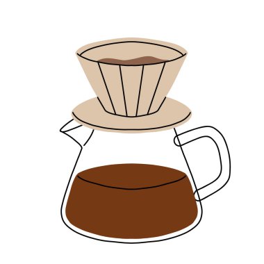 Kahve makineleri. Fransız basın filtresi ve Türk kahvesi, chemex, moka pot. Sabah enerji içecekleri için kafe ya da fırın ekipmanı, düz çizgi film vektörü seti.