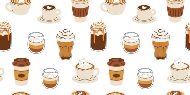 Kahve fincanlarının kusursuz desenli Latte Art Desenli Önden Görünümü. Şirin tavşan, çiçek ve kalp köpüğü şekilleri. Cafe Bar ya da Kafe Grafikleri. Vektör İllüstrasyonu, Simgeler