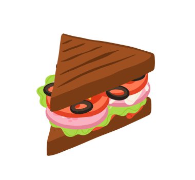 Çeşitli Malzemeleri olan sandviçler. Denizaltı, sandviç, simit, tost ve hamburgerin et, peynir ve sebzeli vektör çizimi.