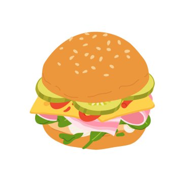 Çeşitli Malzemeleri olan sandviçler. Denizaltı, sandviç, simit, tost ve hamburgerin et, peynir ve sebzeli vektör çizimi.