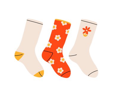 Renkli ve komik çoraplar. Beyaz arka planda farklı dokulara sahip farklı çoraplar. Vektör illüstrasyon moda koleksiyonu moda giysileri. Renkli pastel şirin çoraplar..