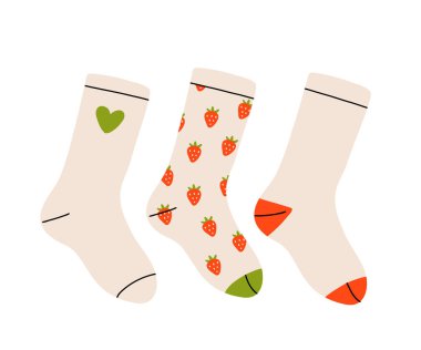 Renkli ve komik çoraplar. Beyaz arka planda farklı dokulara sahip farklı çoraplar. Vektör illüstrasyon moda koleksiyonu moda giysileri. Renkli pastel şirin çoraplar..