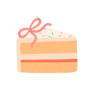 Doğum günü pastası dilimleri hazır. Tatlı tatil pastanesi parçaları koleksiyonu. Çikolatalı hamur tatlısı, kahvaltıda mumlu dut tatlısı. Vektör el çizimi düz çizgi film çizimi