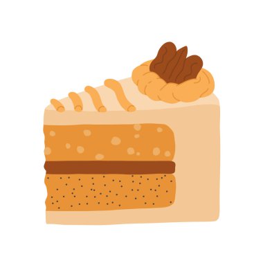 Doğum günü pastası dilimleri hazır. Tatlı tatil pastanesi parçaları koleksiyonu. Çikolatalı hamur tatlısı, kahvaltıda mumlu dut tatlısı. Vektör el çizimi düz çizgi film çizimi