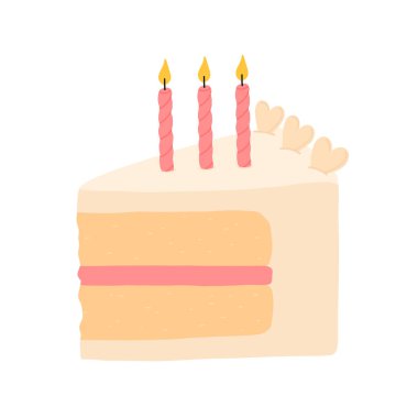 Doğum günü pastası dilimleri hazır. Tatlı tatil pastanesi parçaları koleksiyonu. Çikolatalı hamur tatlısı, kahvaltıda mumlu dut tatlısı. Vektör el çizimi düz çizgi film çizimi