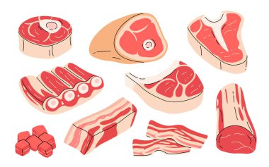 Çiğ et ürünleri. Taze biftek, çiğ domuz eti, düz vektör çizim seti. Kasap dükkanı ürünleri