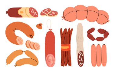 Haşlanmış ve tütsülenmiş sosis, sosis, sosis, yarısı dilimlenmiş, haşlanmış domuz eti, bir dizi sosis. Yemek, et yemeği. Beyaz üzerine izole edilmiş renk vektör illüstrasyonu