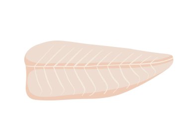 Çizgi film dilimlenmiş balık eti. Kırmızı balık parçaları, beyaz balık, lezzetli sashimi dilimleri, hake, pangasius, uskumru, somon bifteği ve düz vektör çizimi..