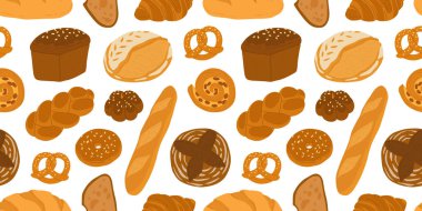 Taze ekmeklerin kusursuz deseni. Ekmek ve hamur işi afişi. Tam tahıl ve buğday ekmeği, kraker, ciabatta, kruvasan, fırın menüsü için Fransız ekmeği..