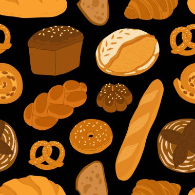 Taze ekmeklerin kusursuz deseni. Ekmek ve hamur işi afişi. Tam tahıl ve buğday ekmeği, kraker, ciabatta, kruvasan, fırın menüsü için Fransız ekmeği..