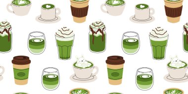 Japonya lattesi kusursuz desenli. Matcha içeceklerinin düz çizgi film çizimi. Köpük sanatı, kalp, tavşan ve çiçekli kibrit latte. Çeşitli bardaklarda yeşil kibrit..