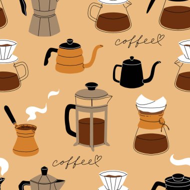 Kahve makineleri. Fransız basın filtresi ve Türk kahvesi, chemex, moka pot. Sabah enerji içecekleri için kafe ya da fırın ekipmanı, düz çizgi film vektörsüz desen