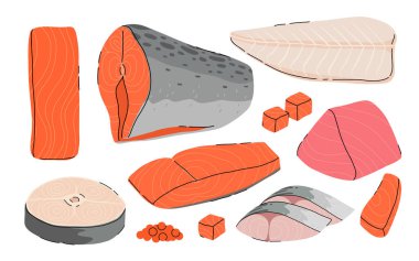 Çizgi film dilimlenmiş balık eti. Kırmızı balık parçaları, beyaz balık, lezzetli sashimi dilimleri, hake, pangasius, uskumru, somon bifteği ve düz vektör çizimi..