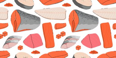 Çizgi film dilimlenmiş balık eti. Kırmızı balık parçaları, beyaz balık, lezzetli sashimi dilimleri, hake, pangasius, uskumru, somon bifteği ve fileto düz vektör deseni.