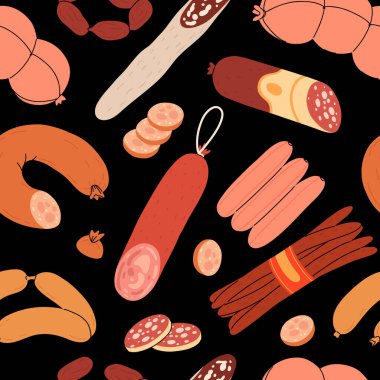 Kusursuz haşlanmış ve füme sosis ürünleri, sosis, yarısı dilimlenmiş, haşlanmış domuz eti, bir dizi sosis. Yemek, et yemeği. Beyaz üzerine izole edilmiş renk vektör illüstrasyonu