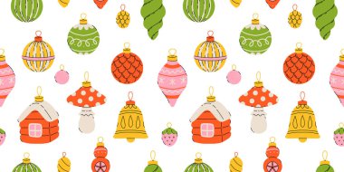 Noel ağacı için güzel klasik takılar ve süslemeler topladım. Bayram süsleri ile kusursuz desen: toplar, koni, çan, mantar, ev. Düz çizgi film tarzında vektör illüstrasyonu.