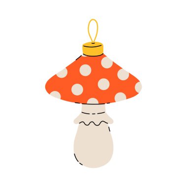 Noel ağacı için güzel klasik takılar ve süslemeler topladım. Bayram süsleri: Toplar, koni, çan, mantar, ev. Düz çizgi film tarzında renkli vektör illüstrasyonu.