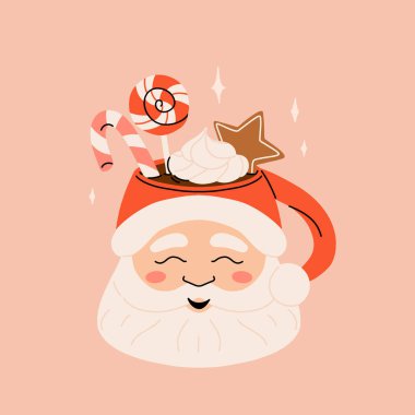 Noel sıcak içeceği büyük koleksiyonu. Düz çizgi film içecekleri. Sıcak kakao, kahve ve sıcak şaraplı tatil kupaları. Şeker ve şekerle süslenmiş yeni yıl içkileri. İzole vektör illüstrasyonu