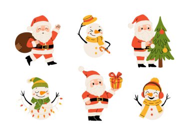 Beyaz arka planda bir dizi Noel illüstrasyonu. Noel ağacıyla Noel Baba, kardan adam ve hediyeler. Kart, pankart, çıkartma vs. tasarımı için elverişli