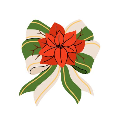 Çeşitli el yapımı Noel yayları kış botanik yaprakları, dallar ve kırmızı böğürtlenlerle hediye kurdeleleri. Vektör düz çizgi film çizimi, Noel tatili