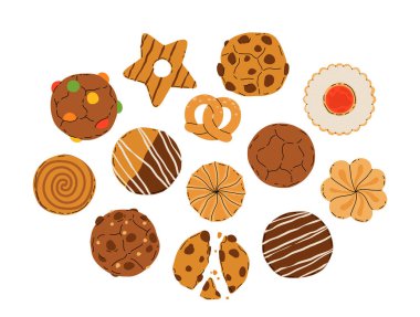 Çubuk kraker, yuvarlak şekilli kurabiyeler, yıldızlar ve çikolata parçalı çiçekler, şeker ve marmelatla hazırlanmış kurabiyeler. Çikolatalı vanilyalı hamur, reçelli ve susamlı.