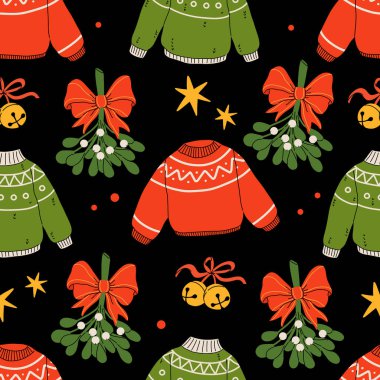 Hygge Kış elementleri kusursuz desen. Şirin ve samimi bir çizgi film vektör koleksiyonu. Noel hediyesi, şenlikli çelenk, kalın örgü süveter, zarf, yıldız ve patenler..