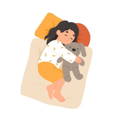 Çocuk yatakta uyuyor. Sakin çocuk uyuyor, yalan söylüyor ve geceleri rüya görüyor. Köpek oyuncağıyla sevimli küçük bir kız bebek, yastıkların üzerinde rahatlayan tatlı çocuklar. Şekerleme zamanının düz çizgi film vektör çizimi.
