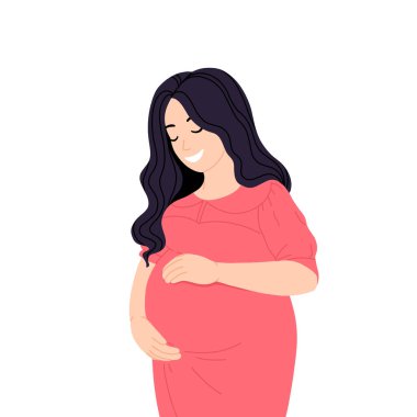 Güzel gülümseyen hamile Asyalı kadın. Hamileliğin düz çizgi film çizimi beyaz arkaplanda izole edilmiş..