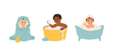 Banyo yapan bebekler. Sakin çocuklar banyo yapıyor, küvette yıkanıyor. Tatlı küçük kızlar ve oğlanlar, banyoda tatlı çocuklar. Beyaz arkaplanda izole edilmiş düz çizgi film vektör çizimleri