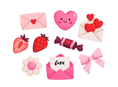 Sevgililer Günü elementleri vektörü ayarlandı. Hediyeler, zarf, kalp, tatlı, mesajlar, şekerler ve diğer geleneksel dekorasyonlar. Çizgi film tarzı. Çıkartmalar ve tebrik kartları için mükemmel..