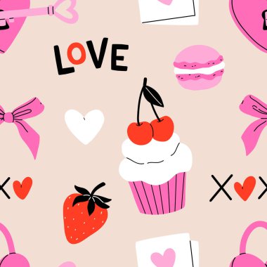 Sevgililer Günü 'nde kalp ve diğer elementlerle kusursuz bir düzen. Sevgililer günü, düğün ve aşk konsepti. Kağıt, tekstil ve diğerleri için vektör arkaplanı